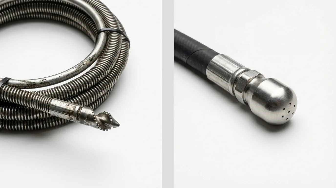 Drain snake cable and hydro jetting nozzle used for drain cleaning in Cambria, IL