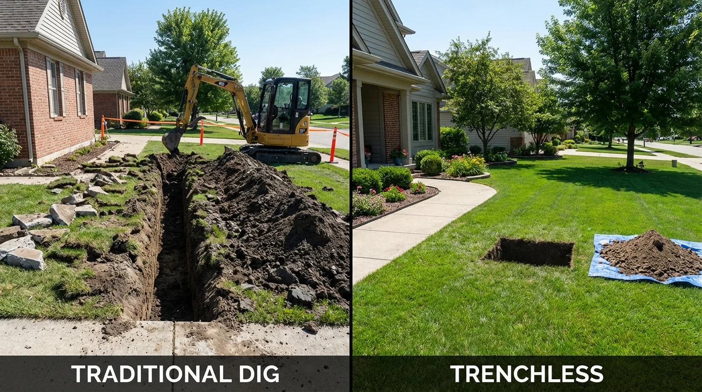 Trenchless sewer repair with minimal yard damage versus traditional excavation in Cambria, IL